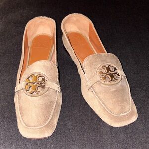 Tory Burch Logo Beige Suede Loafers Size 7 1/2